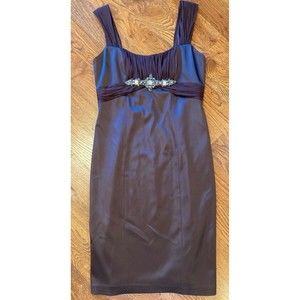 David Meister Women's Size 6 Brown Satin Jeweled Evening Cocktail Sheath Dress